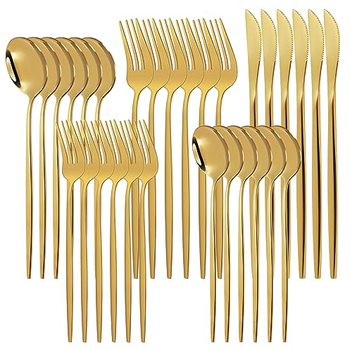 Besteck Set für 6 Personen, 30 teilig Essbesteck Set, Bestehend aus Messern, Gabeln, Löffeln, Edelstahl, Spülmaschinenfest, Camping Besteckset, Outdoor (Gold)