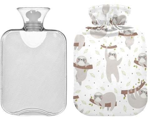 ZZXXB Wärmflasche mit Faultier-Aufdruck, Fleece-Bezug, PVC-Wärmbeutel, 1 Liter
