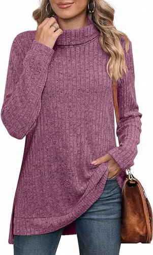 MSIYOW Jersey de Cuello Alto Mujer Invierno Pullover Largo Elegante Suéter Casual Talla Grande(S, Morado)