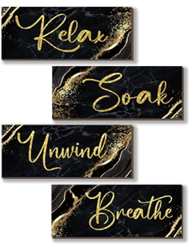 ONIZHITY 4 Pcs Black and Gold Bathroom Decor Black Gold Wall Decor Relax Soak Unwind Breathe Wooden Rustic Marble Style Bathroom Accessories for Bedroom Living Room Decor Kitchen(10X4)