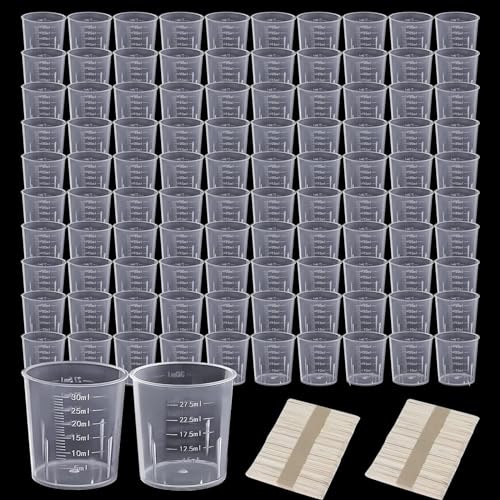 VISTYL 100 vasos de mezcla de 30 ml, juego de vasos medidores + 100 varillas, con vaso medidor de plástico, para mezclar pintura, laboratorio, resina epoxi, accesorios de cocina y pintura (30 ml)