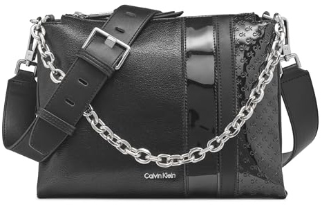 Calvin Klein Damen Rain Umhängetasche mit 3 Fächern, Schwarz/silberfarbene Prägung