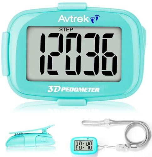 AVTREK Contador de pasos con clip y cordón, podómetro 3D con pantalla de tiempo y retroiluminación LED, contador de pasos simple para caminar, correr, hombres y mujeres mayores (verde)