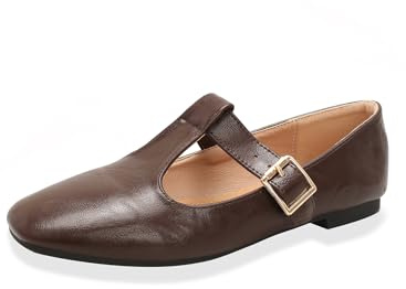qibusleen Donna Slip On T-Strap Mary Jane Flats Tacco Basso Chunky Comodo PU Punta Rotonda Scarpe Piatte per Donne Lavoro Dressy Punta Chiusa Cinturino Regolabile Ballerine-Marrone-38