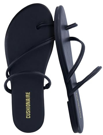 CUSHIONAIRE Resort Strappy Sandals for Women, Vegan Leather Memory Foam Flat Women's Sandals with Toe Ring, BLACK 8