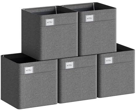 WOLTU Cubi di Conservazione in Tessuto 5 Pezzi, Scatole Pieghevoli con Maniglie e Portaetichette, Organizer per Ripiani, Grigio Scuro, 26x26x25,5cm