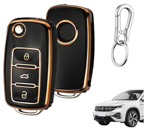 Autoschlüssel Hülle Kompatibel mit VW, TPU Silikon Schlüsselhülle Cover für Volkswagen VW Beetle CC EOS Jetta Golf GTI Jetta Passat Phaeton R32 Rabbit TIGUAN Touareg, 3-Tasten - Goldener Rand-Schwarz