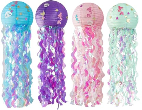 Hitopin 4 Piezas Linternas de Papel de Medusas, Faroles de Medusas para Colgar, Linternas Decorativas de Sirena, Farol de Papel de Medus, para Fiesta Sirena Decoración Tema del Océano Decoraciones
