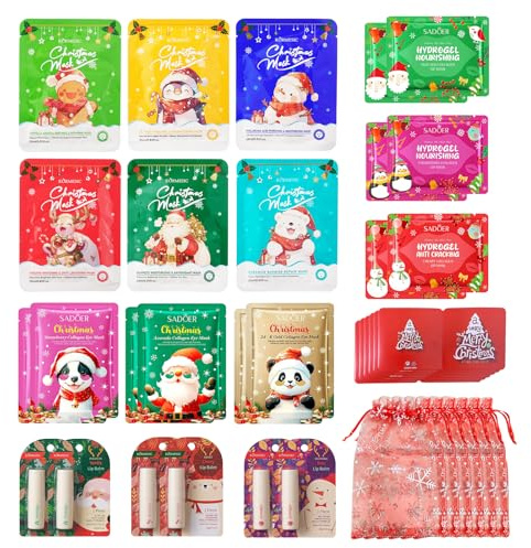 36 Pièces Coffret Skincare de Noël, avec Noël Masque Visage Enfants Fille, Masque pour les Yeux, Baume à lèvres de noël, Patchs pour les Lèvres, Cadeaux de noël Pour Femmes Adolescentes