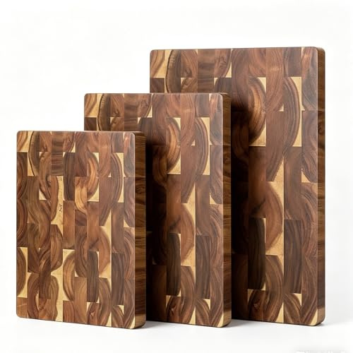 3-Piece End-Grain Wood Chopping Board Set, Wooden Cutting Boards for Kitchen, Reversible Butcher Block, Built-In Handles, Non-Slip Wooden Chopping Board for Kitchen Prep, Meat, Vegetables, Charcuterie