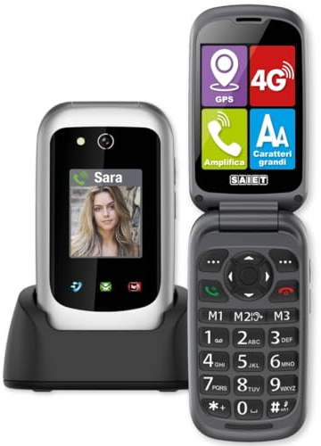 SAIET Prime GPS Cellulare per Anziani 4G con Tasto SOS, Localizzazione GPS | Telefono con Doppio Display e Audio Potenziato, Base di Ricarica e Torcia LED, Facile da Usare, Sicuro e Affidabile - Silver