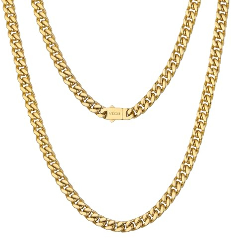 VEXXS Cuban Link Chain, 18K Real Gold Plated 316L Stainless Steel Men's Gold Chain,Anti-Tarnish&Hypoallergenic Curb Necklace 5mm 7mm,Men’s Jewelry Gift, Hip hop Urban Fashion StreetWear,18-26 Inch
