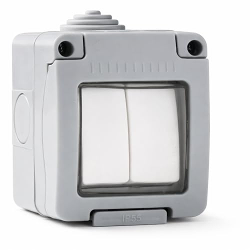 WEBMATEL Doble Conmutador Estanco de Superficie IP55 10A 250V con Tapa para Protección Infantil