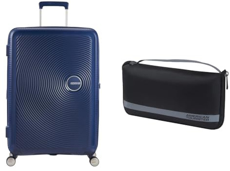 American Tourister Soundbox Hartschalenkoffer 77 cm, groß, blau, mit Gepäckhülle L, schwarz/grau