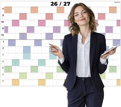 PACKLIST® Calendario Académico 2026 2027 Pared XXL - 84,1x59,4 cm DIN A1 Plegado - Planificador Académico Curso Familiar Calendario Anual - Papel Premium 160g Escribible Organizador Mensual Sostenible