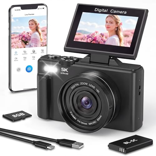Cámara Digital 5K Vlogging con WiFi, Pantalla Abatible para Seflies Negro