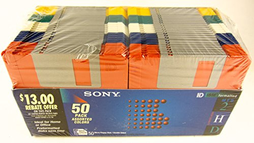 50 Pack Sony Floppy Disk Diskettes 3.5 MFD-2HD Assorted Colors IBM Formatted