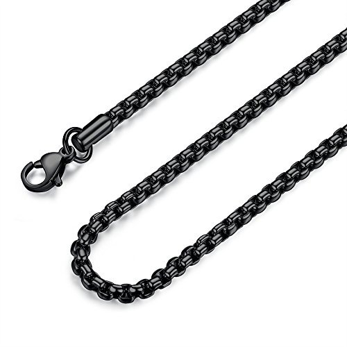 FOSIR Mens Black Rolo Chain Necklace, Stainless Steel Chain for Men and Women, Wide 4mm, 30 Inch