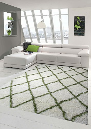 Teppich-Traum Shaggy Wohnzimmerteppich Hochflor Langflor Rautenmuster in Creme Grün Größe 120x170 cm