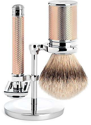 MÜHLE Traditional Rasierset mit Rasierpinsel aus Dachshaar, Spitze in silber, traditioneller Rasierer in roségold R41