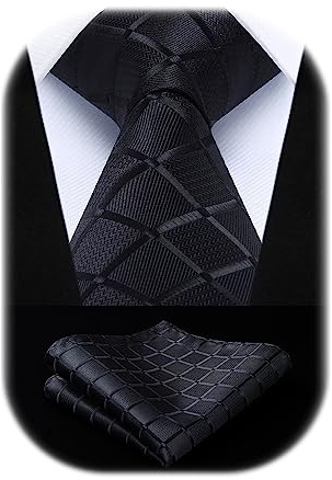HISDERN Extra Long Check Plaid Tie Handkerchief Funeral Men's Necktie & Pocket Square Set For Formal Business Black