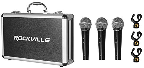 Rockville RMC-3PK Dynamic Microphones 3 Pack, Uni-Directional, Metal Build, XLR, Clear Sound, Low Background Noise, Durable Case, for Vocals, Instruments, DJs