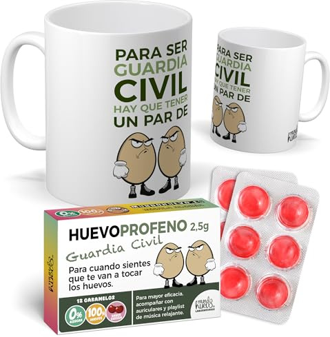 mundohuevo Pack Regalo Guardia Civil Original Taza Divertida “Para ser Guardia Civil hay que Tener un Par de Huevos” + Caramelos de Broma Huevoprofeno | Detalle Gracioso y Diferente