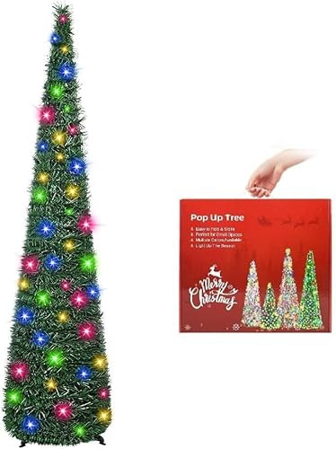 N&T NIETING Árbol de Navidad con soporte, 5ft(152cm) reutilizable plegable árbol de oropel para decoraciones navideñas, hogar, decoración de oficina