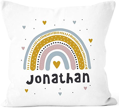 SpecialMe® Kissen-Bezug Kinder Regenbogen mit Namen Herz Wunschname Namenskissen Kinder Baby Jungen weiß 40cm x 40cm