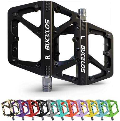 BUCKLOS Mountain Bike Pedals MTB Pedals Flat, Bicycle Road Bike Adult Large Platform Pedal with Non-Slip Grips for Gravel/Ebike/Hybrid Bikes/Beach Cruiser(9/16 Nylon Black)
