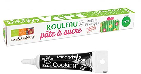 Pâte à sucre en rouleau vert Ø 36 cm + Stylo de glaçage noir
