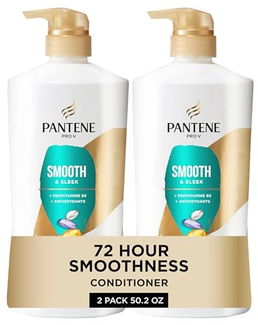 Pantene Conditioner, Smooth and Sleek - Frizz Control with Antioxidants, Nourishing for All Hair Types - Curly, Dry, Color-Treated, 25.1 Oz Each, 2-Pack + Miracle Rescue Shot (0.5 Oz)