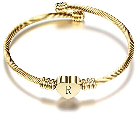 VQYSKO Gold Bracelets for Girls-A to Z Stainless Steel Heart Initial Girl Jewellery, Birthday Gifts for Girls (Gold - R)