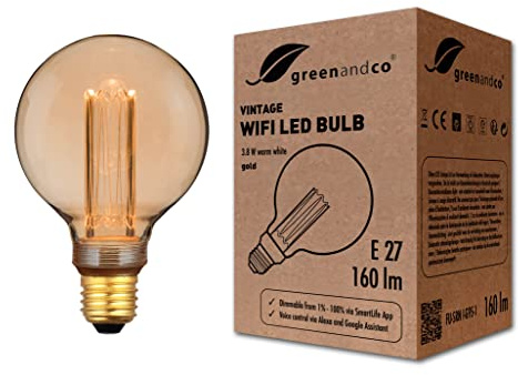 greenandco dekorativ smart WiFi-LED-glödlampa i vintage-stil | E27 G95 | 3,8W 160lm | 1800K | 320° | 230V | Flimmerfri | Kompatibel med Alexa och Google Assistant