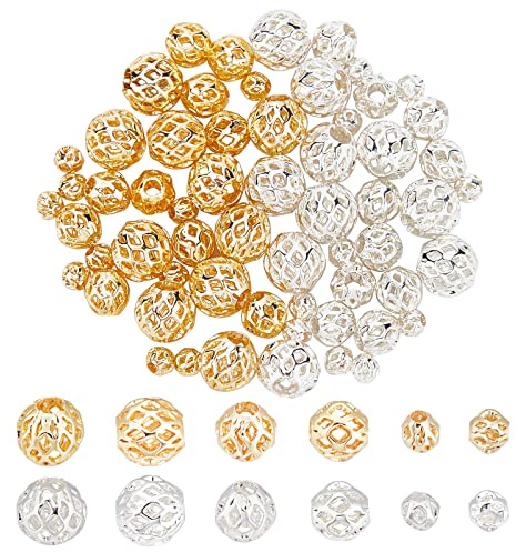PandaHall 3 Größen Echte 18K Gold Versilberte Hohlperlen, 60pcs Runde Filigrane Perlen Messing Metall Abstandsperlen Für DIY Handwerk Armbänder Halsketten Ohrringe Schmuckherstellung, 4/6/8 mm