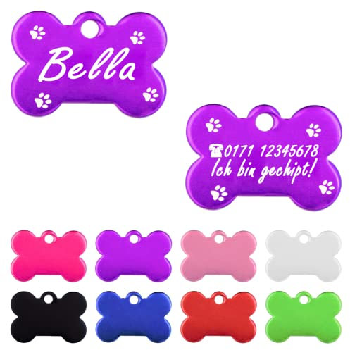 Iberiagifts - Hundemarke Knochen mit Gravur und Pfoten für sehr kleine Welpen - Hunde - Katzen Haustier Plakette Anhänger Halsband Medaillon graviert personalisiert (Lila)