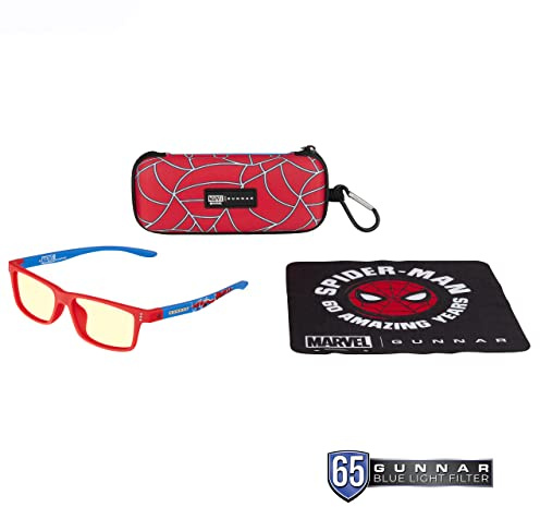 Gunnar Gaming and Computer Eyewear | Cruz Kids Large (age 12+) |Frame Colour: Spider-Man, Lens Tint: Amber (Blocks 65% Blue Light & 100% UV Light) | Patented lens | Reduce eye strain & dryness