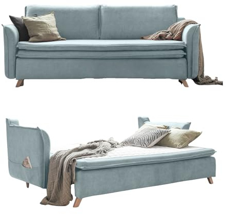 MIUFORM Charming Charlie Slim mit Bettkasten | 3 Sitzer Sofa | 225 x 90 x 85cm Couch | Klappsofa mit Schlaffunktion (Pastellblau)