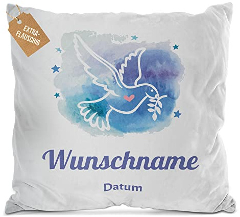 Print Royal PR Flauschiges Kissen zur Taufe mit Name & Datum - Taube auf Aquarell - Geschenke zur Taufe, personalisierte Taufgeschenke Patenkind | inkl. Kissenfüllung, Weiß, 40 x 40 cm