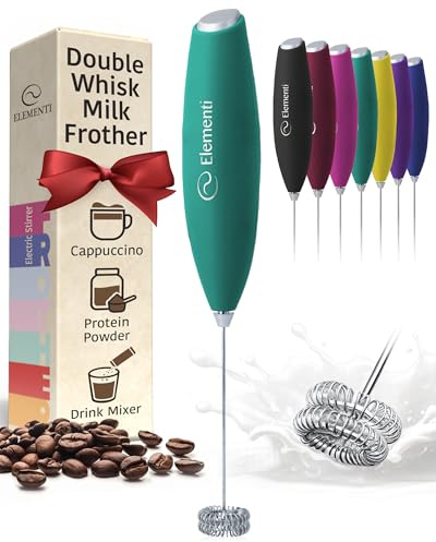 Elementi Milk Frother Handheld - Powerful Mini Coffee Frother Whisk - Hand Held Coffee Whisk Electric & Frappe Maker - Drink Mixer, Stirrer & Electric Milk Foamer (Double Whisk, Emerald Green)