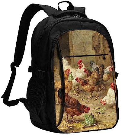 FJAUOQ Sac à dos pour ordinateur portable imprimé fleurs, lapins, oiseaux pour homme, sac à dos de voyage avec port de charge USB, grand sac à dos décontracté, Poule rôti, taille unique