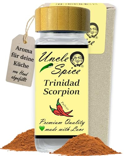 UNCLE SPICE® Trinidad Scorpion PULVER RED Moruga 50g im edlen Gewürzglas - eine der schärfsten Chili der Welt 1.2 Mio Scoville im Streuer - RED SCORPION - Chilischoten gemahlen - Achtung EXTREM SCHARF