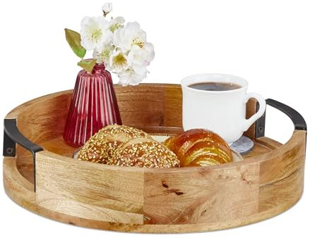 Relaxdays Tablett, rundes Serviertablett, Mangoholz, HxD: 7,5 x 35 cm, Holztablett mit Griffen, Dekotablett, Natur