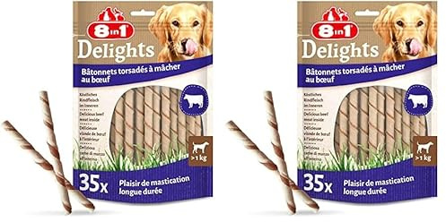 8in1 Delights Beef Twisted Sticks - gesunde Kaustangen für Sensible Hunde, hochwertiges Rindfleisch eingewickelt in Rinderhaut, 35 Stück (Packung mit 2)