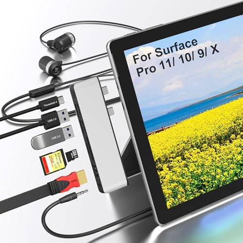surface Pro 9 10 11 Docking Station, Surface Pro 9 Zubehör mit 4K HDMI, USB-C Thunderbolt 4 (8K-Video + 40G Daten + 100W Aufladen), USB 3.0, SD/TF Kartenleser, 3,5mm-Audio, dreifaches Display