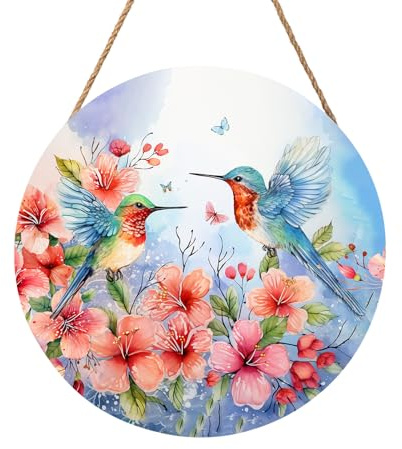 Spring Summer Hummingbird Birds Front Door Sign Farmhouse Spring Flowers Door Hanger 12x12 Seasonal Summer Wooden Wreath for Outdoor Outside Porch Welcome Wall Hanging Decoration for Home
