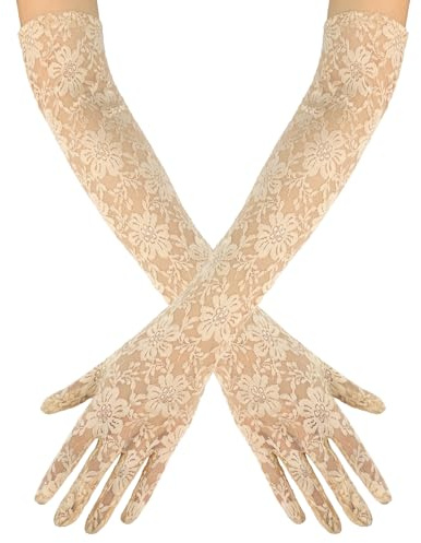 GuardiaTech Beige Lace Gloves,Long Lace Gloves,Tea Party Glove for 1920s Bridal Halloween Small Flower Floral Glove for Women Party Costumes Masquerade