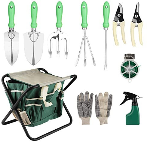 Gartenwerkzeug-Set aus Edelstahl, 12-teilig, mit klappbarem Hockersitz und Canvas-Tasche, robuste Gartengeräte für Gartenarbeiten