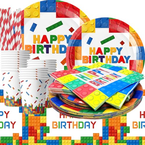 Partygeschirr Kindergeburtstag - 101 Stück Baustein Pappteller Geburtstag Party Teller Set, mit Pappbecher Servietten Tischtücher Papierstrohhalme, für Gebutstag Party Mädchen Junge(20 Gäste)