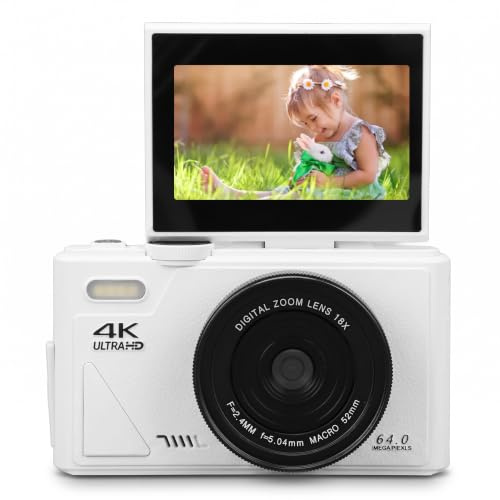 UHD 4K 64MP Digital Camera, Portable Retro Digital Camera with 18X Zoom Autofocus 3 Inch Flip Screen for Travel Photography Vlogging (White)